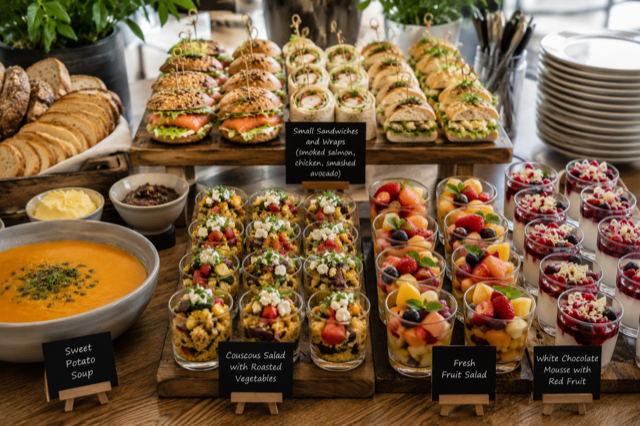 Luxe lunchbuffet met sandwiches, salades, soep en desserts